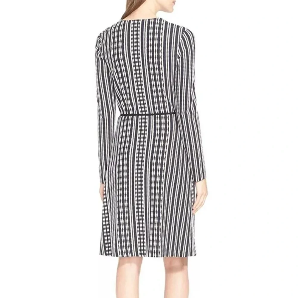 Tory Burch Navy Blue Oxford Stripe Long-Sleeve Jacquard Wrap Dress Size Small